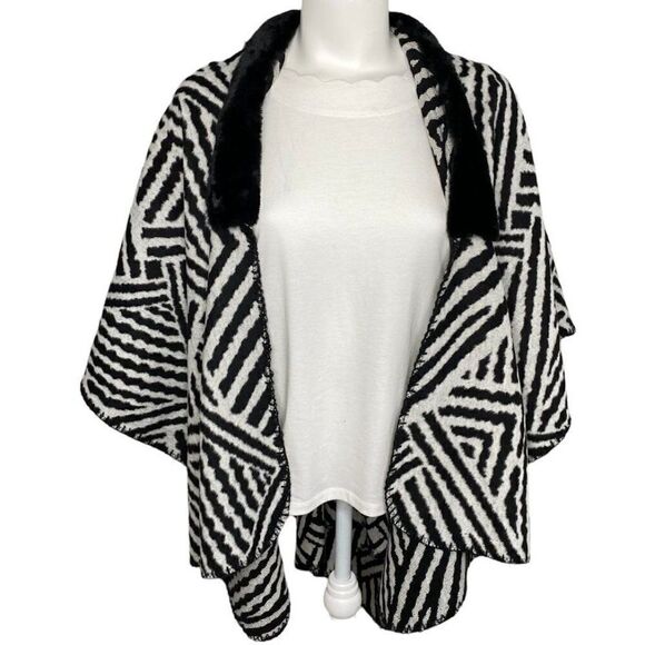 LOFT Cardigan Wrap Women's‎ MEDIUM Black White Zebra Faux-Fur Collar Draped NWOT - Picture 1 of 5